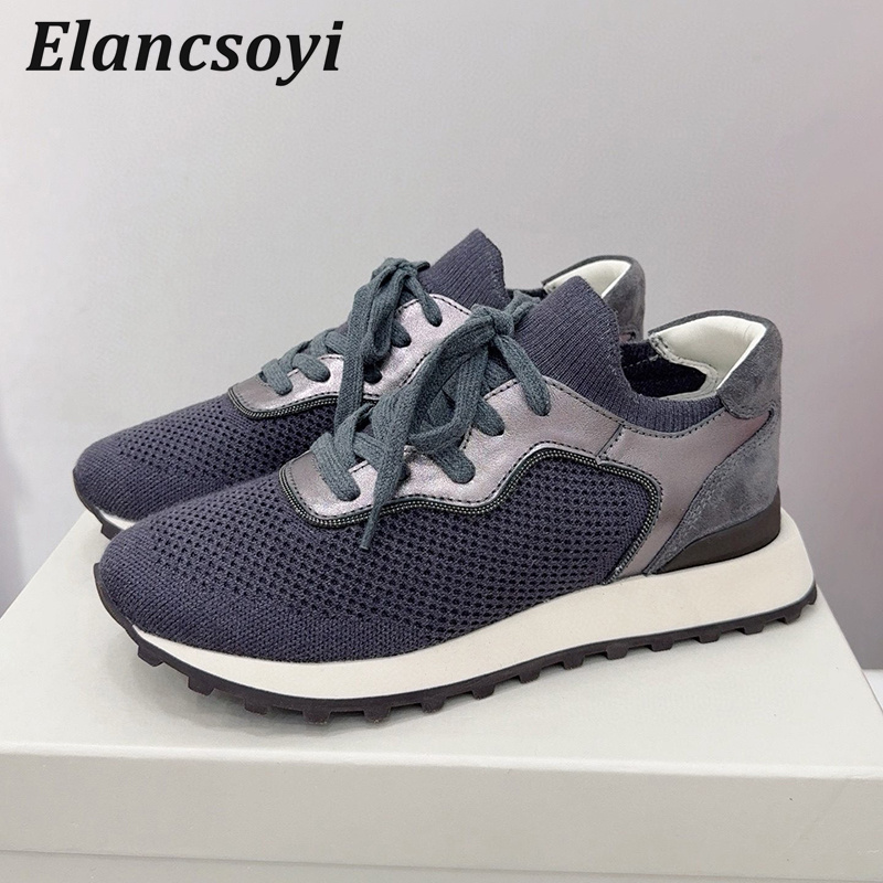 Knit Fabric Lace Up Sneakers - Туфли на плоской подошве, женские вязаные