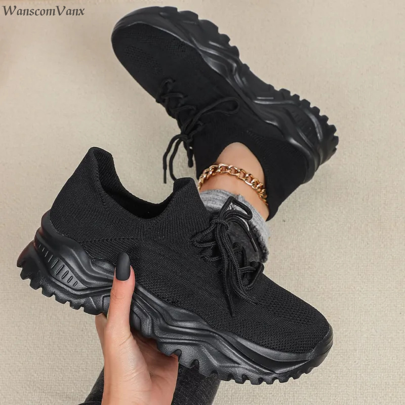 Knit Fabric Lace Up Sneakers - Модные массивные кроссовки на платформе для