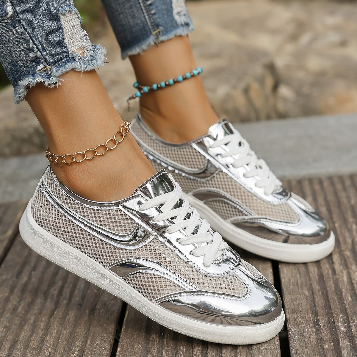 Новые женские кроссовки, дышащ – обзор и цена Knit Fabric Lace Up Sneakers