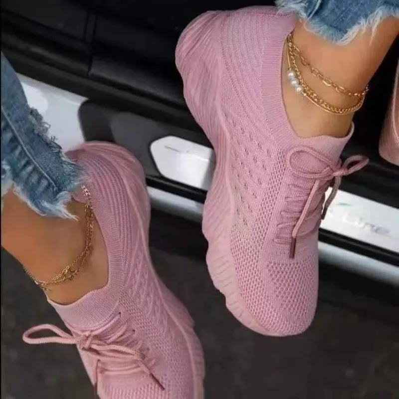 Женские повседневные вязаные к – обзор и цена Knit Fabric Lace Up Sneakers