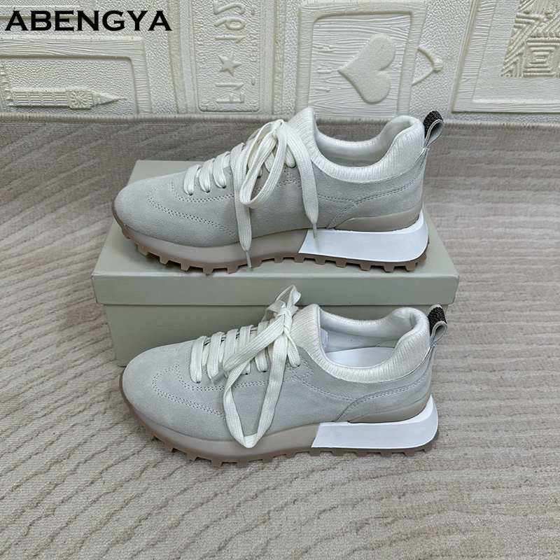 2025 белые вязаные замшевые ло – обзор и цена Knit Fabric Lace Up Sneakers